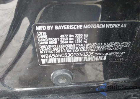 2016 BMW 528I из США, поврежденный, VIN WBA5A5C53GG350535